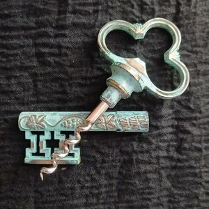 Vintage Brass Key Shaped Wine Key & Bottle Opener Green Patina Finish 5.5"